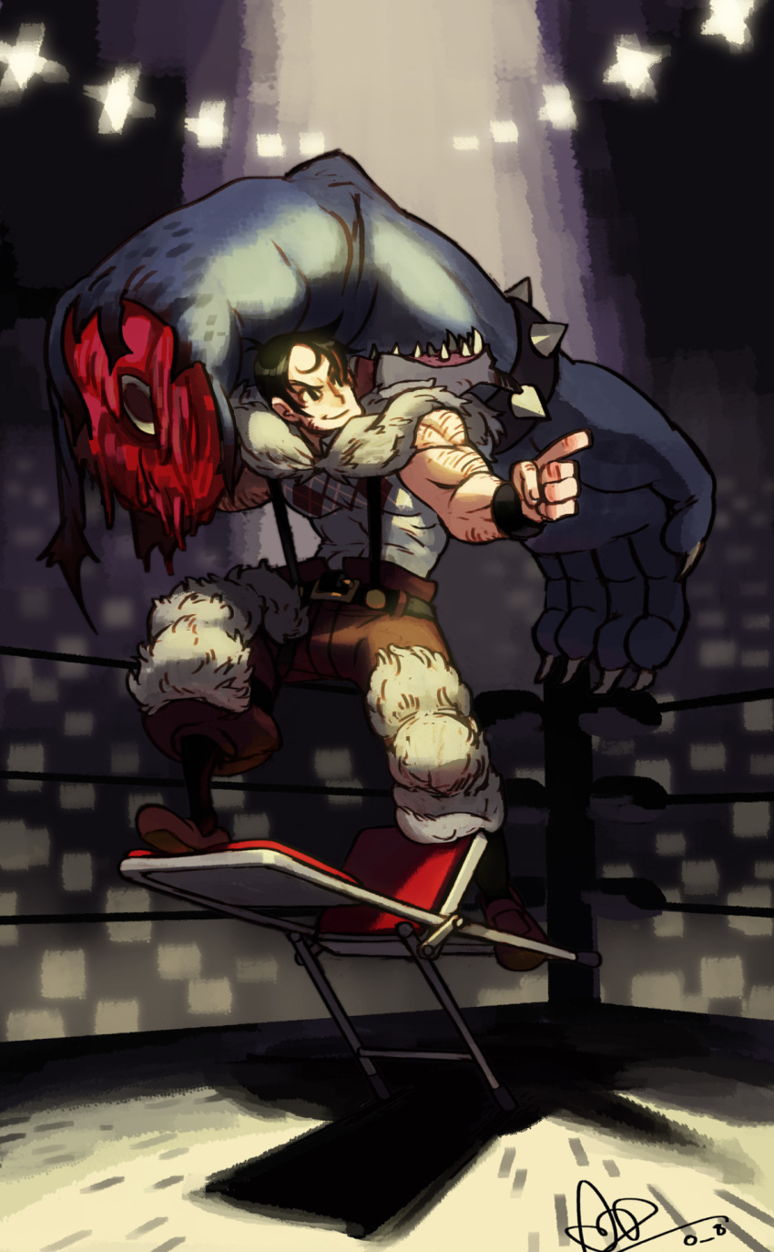 1boy alex_ahad beowulf_(skullgirls) black_hair bracelet chair claws folding_chair highres jewelry lab_zero_games official_art pointing severed_arm severed_limb signature skullgirls spiked_bracelet spikes the_hurting wrestling_ring