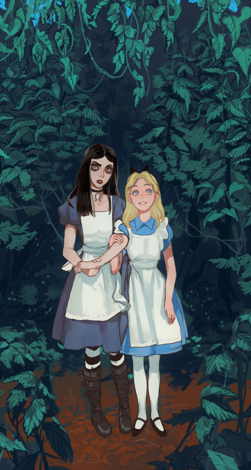 2girls absurdres alice_(alice_in_wonderland) alice_in_wonderland alice_liddell american_mcgee's_alice apron black_bow black_eyeshadow black_footwear black_hair blonde_hair blue_dress blue_eyes boots bow dress eyeshadow green_eyes hair_bow highres jewelry locked_arms makeup mary_janes mossacannibalis multiple_girls necklace open_mouth plant puffy_sleeves red_lips shoes short_sleeves standing striped striped_legwear white_apron white_legwear
