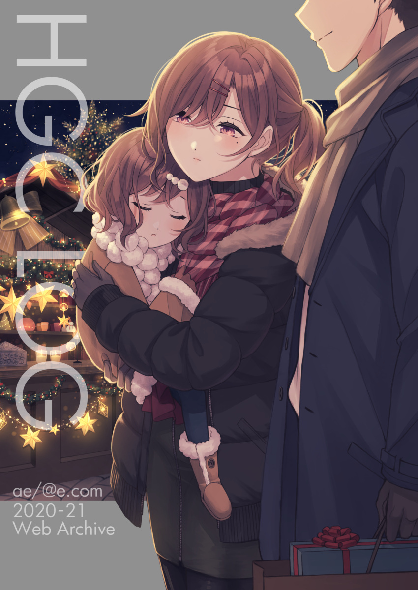 1boy 2girls absurdres ae_iueo alternate_costume alternate_hairstyle artist_name brown_eyes carrying carrying_person child child_carry coat comiket comiket_99 cover cover_page dated doujin_cover family father_and_daughter gloves hair_ornament hairclip highres higuchi_madoka holding_person husband_and_wife idolmaster idolmaster_shiny_colors if_they_mated light_purple_eyes long_sleeves mole mole_under_eye mother_and_daughter motherly multiple_girls scarf short_hair sleeping winter_clothes winter_coat
