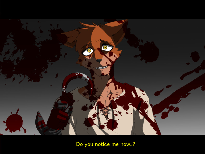 2015 anthro blood bodily_fluids canid canine clothing dialogue digital_media_(artwork) english_text fingers five_nights_at_freddy's fox foxy_(fnaf) fur gloves grey_background handwear hook insane looking_at_viewer male mammal multicolored_body multicolored_fur nukde red_body red_fur scottgames simple_background smile solo standing talking_to_viewer teeth text two_tone_body two_tone_fur video_games yandere yellow_eyes