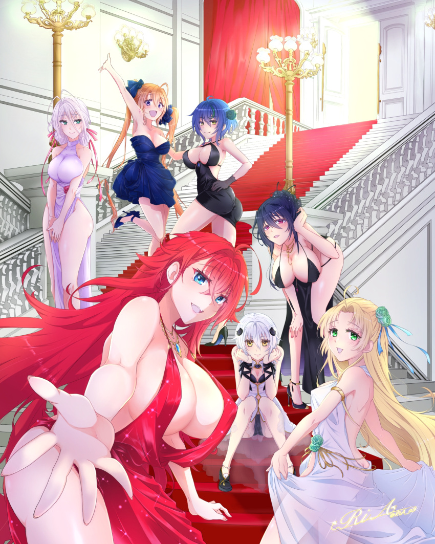 6+girls :d adjusting_hair ahoge anklet antenna_hair aqua_eyes arm_up armlet artist_name asia_argento backless_dress backless_outfit bangs bare_legs bent_over between_legs black_bra black_dress black_flower black_footwear black_gloves black_hair black_panties black_rose blonde_hair blue_dress blue_eyes blue_footwear blue_hair bra breasts butt_crack cat_hair_ornament center_opening cleavage crossed_bangs dress eyebrows_visible_through_hair flower gloves green_eyes green_flower green_hair green_rose hair_behind_ear hair_between_eyes hair_flower hair_ornament hair_ribbon hand_between_legs hand_on_another's_shoulder hand_on_hip hand_on_own_knee head_rest high_heels high_school_dxd highres himejima_akeno jewelry large_breasts leg_up long_hair looking_at_viewer multicolored_hair multiple_girls necklace orange_hair outstretched_arm panties parted_bangs parted_lips pelvic_curtain ponytail purple_eyes reaching_out red_carpet red_dress red_flower red_hair red_ribbon red_rose ria_a9 rias_gremory ribbon rose rossweisse shidou_irina short_hair silver_hair sleeveless sleeveless_dress small_breasts smile stairs streaked_hair toujou_koneko twintails underwear waving white_dress white_hair xenovia_quarta yellow_eyes