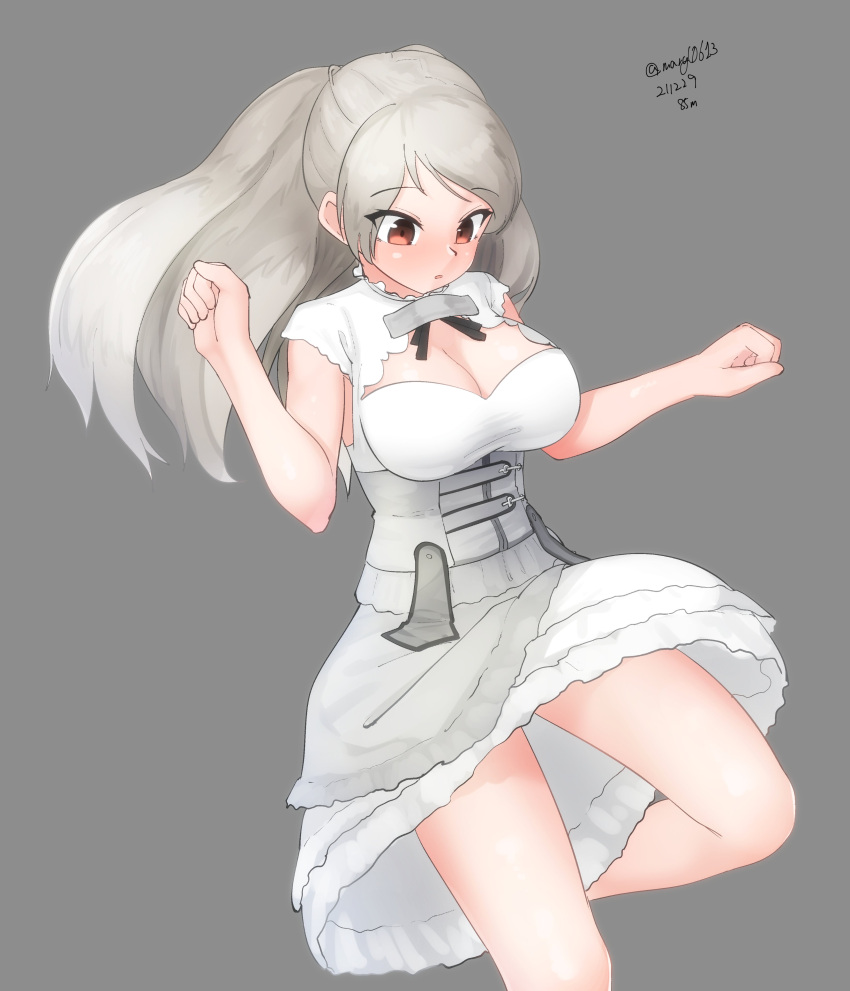 1girl absurdres breasts brown_eyes cleavage cleavage_cutout clothing_cutout conte_di_cavour_(kancolle) corset dated dress frilled_dress frills grey_background highres kantai_collection large_breasts long_hair maru_(marg0613) one-hour_drawing_challenge remodel_(kantai_collection) silver_hair simple_background solo twitter_username two_side_up white_dress