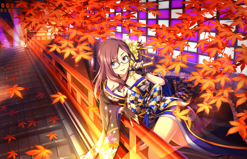 1girl blue_eyes blue_nails breasts cleavage fingerless_gloves flower glasses gloves hair_flower hair_ornament highres idolmaster idolmaster_cinderella_girls idolmaster_cinderella_girls_starlight_stage japanese_clothes jewelry kimono leaf long_hair looking_at_viewer medium_breasts microphone official_art open_mouth smile yagami_makino