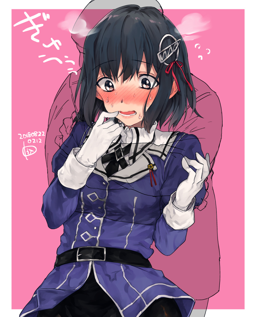 1boy 1girl black_gloves black_hair blush brown_eyes commentary_request dated embarrassed gloves haguro_(kancolle) hair_ornament highres kantai_collection military military_uniform nakagomiyuki415 nose_blush pink_background remodel_(kantai_collection) see-through short_hair signature steam uniform upper_body white_gloves