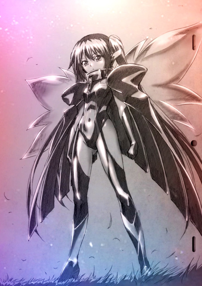 1girl breasts cape chain collar covered_navel expressionless full_body garter_straps gloves grass highres leotard long_hair monochrome nymph_(sora_no_otoshimono) robot_ears small_breasts solo sora_no_otoshimono standing thighhighs twintails very_long_hair watanabe_yoshihiro wings