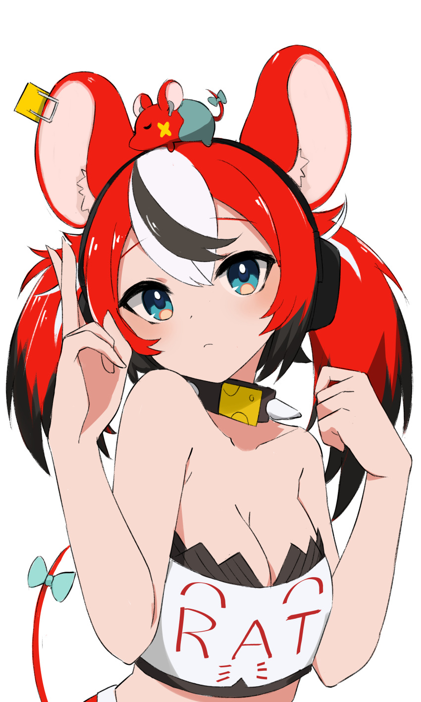 1girl absurdres animal_ears asymmetrical_hair bangs black_hair blue_eyes cheese closed_mouth collar crop_top crossed_fingers food hakos_baelz hands_up highres hololive hololive_english looking_at_viewer mouse_ears mouse_girl mouse_hair_ornament mouse_tail multicolored_hair red_hair shuwe001 simple_background solo spiked_collar spikes streaked_hair tail twintails upper_body virtual_youtuber white_background white_hair