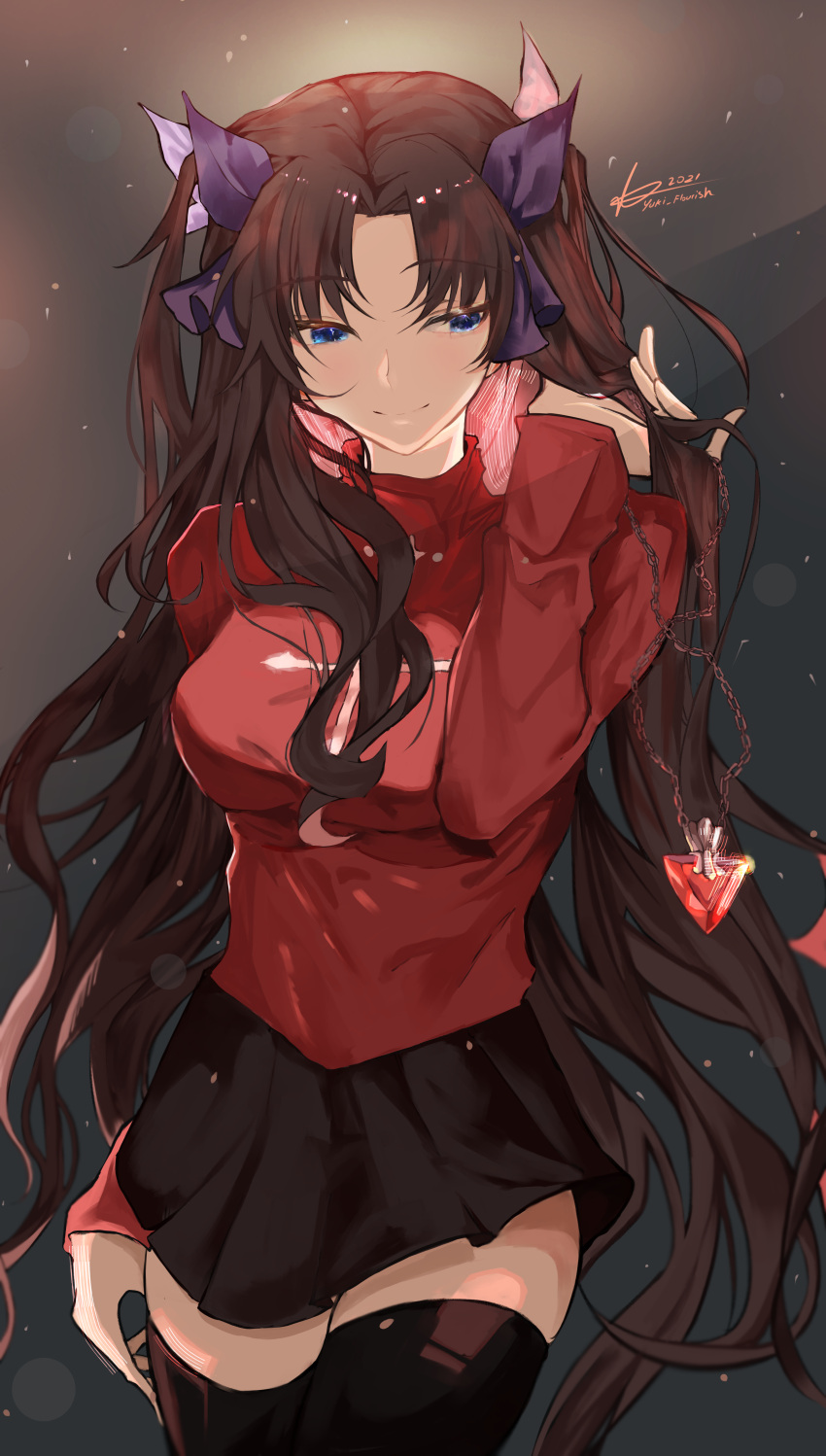 1girl absurdres arm_at_side artist_name black_legwear black_skirt breasts brown_hair fate/grand_order fate/stay_night fate_(series) grey_background hand_in_hair highres jewelry large_breasts long_hair looking_at_viewer necklace painterly pixiv_fate/grand_order_contest_1 purple_ribbon red_sweater ribbon skirt smile solo sweater thighhighs tohsaka_rin turtleneck two_side_up very_long_hair yuki_flourish zettai_ryouiki