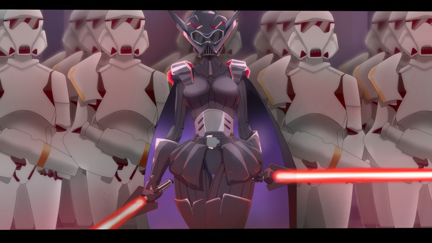 1girl absurdres am_(star_wars) amarenafallen boots breasts cape dual_wielding energy_sword helmet highres holding letterboxed lightsaber medium_breasts pilot_suit purple_cape sith skin_tight solo star_wars star_wars_manga stormtrooper sword thigh_boots thigh_gap thighhighs thighs tiara trigger_(company) walking weapon