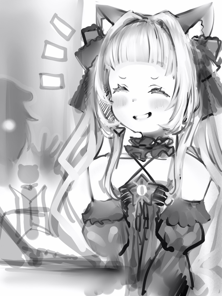 1girl animal_ears blush closed_eyes collar detached_sleeves dress facing_viewer frilled_ribbon frills greyscale grin hair_ribbon highres hololive inugami_korone juliet_sleeves long_hair long_sleeves monochrome murasaki_shion nanashi_(nlo) puffy_sleeves ribbon smile when_you_see_it