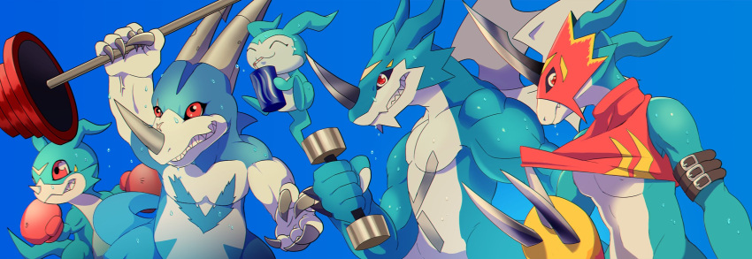 anthro armor bandai_namco blue_body bodily_fluids boxing_gloves clothing demiveemon digimon digimon_(species) drinking dumbell evolutionary_family exercise exveemon flamedramon group handwear headgear helmet hi_res horn kasuga_dn male pecs red_eyes scalie sweat veedramon veemon weightlifting weights workout
