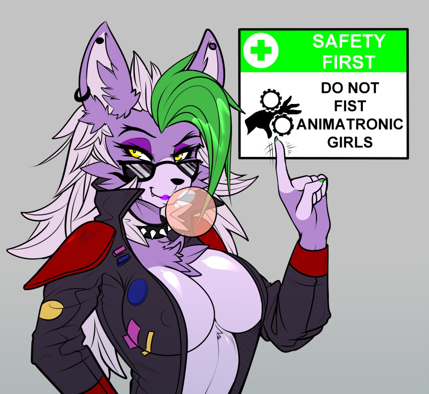 absurd_res anthro breasts bubble_gum canid canine canis clothed clothing collar colored_nails ear_piercing eyewear fangs female five_nights_at_freddy's five_nights_at_freddy's:_security_breach fur glasses green_hair green_nails hair hi_res jacket lipstick makeup mammal nails nipple_outline open_clothing open_jacket open_topwear phaser_automata piercing purple_body purple_fur purple_lipstick roxanne_wolf_(fnaf) scottgames shoulder_pads sign simple_background solo spiked_collar spikes topwear video_games warning_sign white_hair wolf yellow_eyes