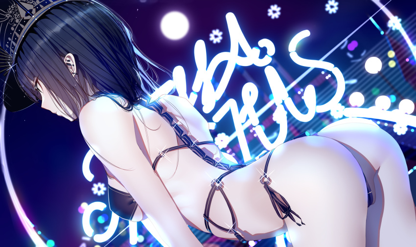 1girl ass atha_(leejuiping) bangs bare_arms bare_shoulders bikini black_hair black_headwear breasts closed_mouth commentary_request ear_piercing hat highres medium_breasts medium_hair neon_lights o-ring original outdoors piercing solo swimsuit thighs