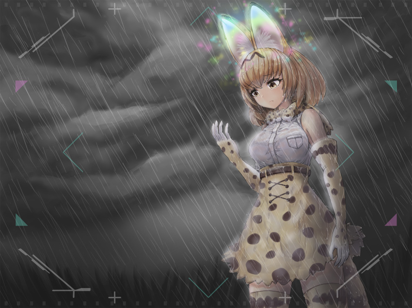 1girl animal_ears belt bow bowtie breasts crying crying_with_eyes_open elbow_gloves eyebrows_visible_through_hair gloves highres kemono_friends large_breasts multicolored_clothes multicolored_gloves neukkom orange_bow orange_bowtie orange_eyes orange_gloves orange_hair orange_legwear orange_skirt rain sad sandstar serval_(kemono_friends) serval_print shirt short_hair skirt solo tail tears thighhighs wet wet_clothes wet_shirt white_gloves