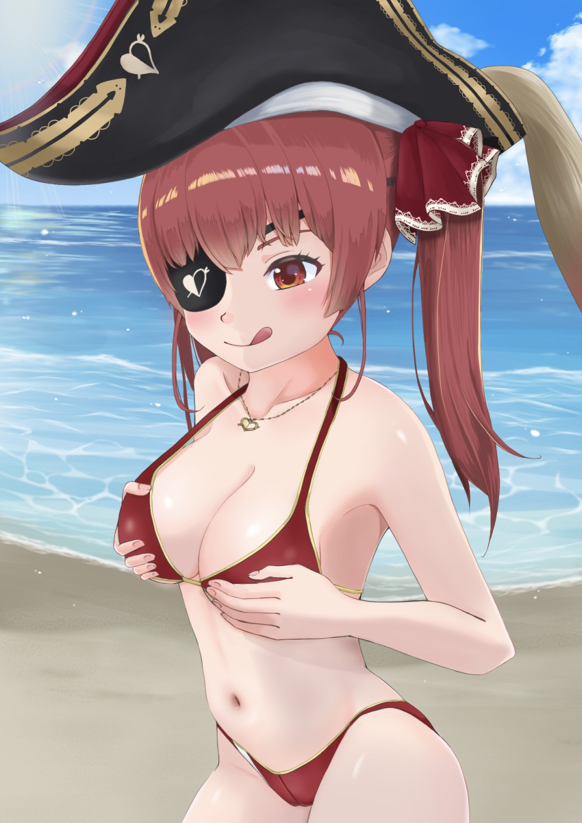 1girl 5 :q bangs bare_shoulders beach bicorne bikini black_eyepatch black_headwear blue_sky blush breast_hold breasts cleavage cloud cloudy_sky day eyepatch gold_trim hair_ribbon hat heart heart_necklace highres hololive houshou_marine jewelry large_breasts long_hair looking_at_viewer navel ocean pirate red_bikini red_eyes red_hair red_ribbon ribbon sand sky smile solo string_bikini sunlight swimsuit thighs tongue tongue_out twintails virtual_youtuber water