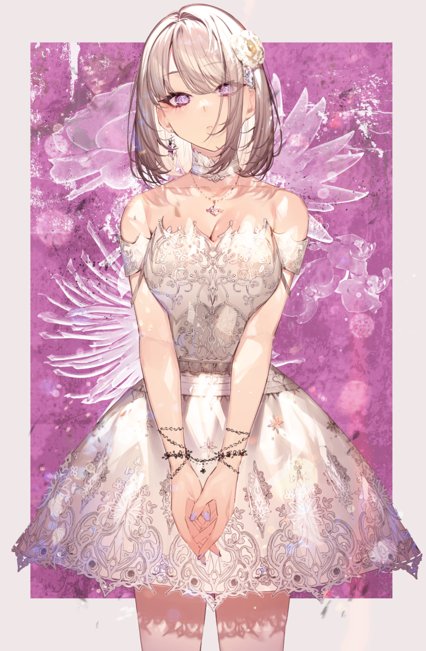 1girl absurdres armpits blurry breasts bride cleavage collarbone dress ear_piercing flower hair_between_eyes hair_flower hair_ornament hairpin highres jewelry kayahara lace lace_dress large_breasts looking_at_viewer magenta_background medium_breasts necklace original piercing short_hair sleeveless sleeveless_dress wedding_dress white_dress