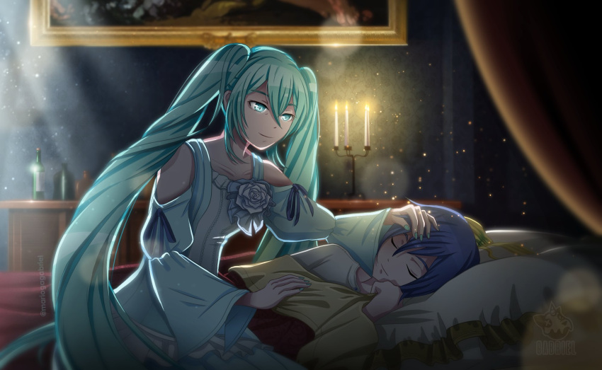1boy 2girls aqua_dress aqua_eyes aqua_hair artist_logo bare_shoulders bed bedroom blonde_hair bottle candle candlelight candlestand canopy_bed carrying cheating closed_eyes collarbone curtains dim_lighting dress dress_flower embers evillious_nendaiki fire frilled_pillow frills half-closed_eyes hand_on_another's_head hand_on_forehead hatsune_miku highres husband_and_wife implied_death indoors kaito_(vocaloid) kaspar_blankenheim lens_flare light light_particles light_rays long_hair looking_at_another margarita_blankenheim mario_gagabriel multiple_girls nemurase_hime_kara_no_okurimono_(vocaloid) on_bed painting_(object) pale_skin pillow project_sekai shelf shoulder_carry sleeping twintails very_long_hair vocaloid when_you_see_it wine_bottle