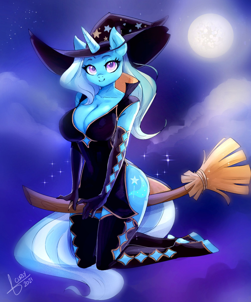 absurd_res anthro anthrofied big_breasts blue_body breasts broom cleaning_tool cleavage clothed clothing equid equine friendship_is_magic hasbro hi_res horn magic_user mammal mrscurlystyles my_little_pony trixie_(mlp) unicorn witch