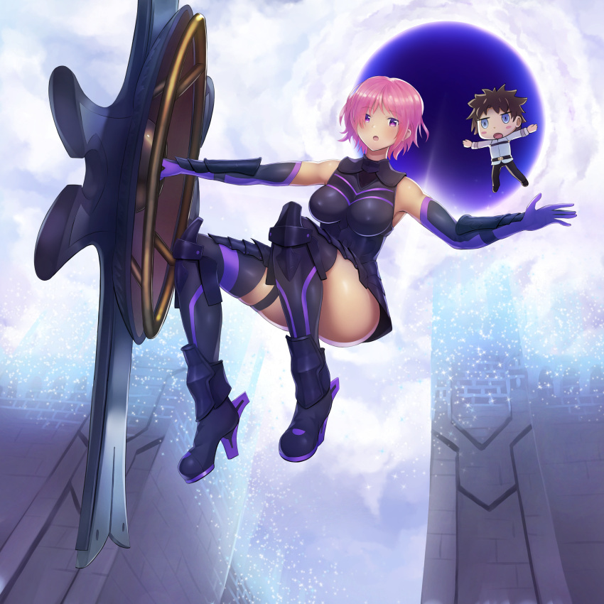 1boy 1girl absurdres armored_boots black_pants blush bodysuit boots breasts brown_hair chaldea_combat_uniform chibi elbow_gloves fate/grand_order fate_(series) fujimaru_ritsuka_(male) gloves hair_over_one_eye high_heel_boots high_heels highres jacket large_breasts mash_kyrielight outstretched_arms pants purple_eyes purple_hair shield skindentation thigh_strap thighhighs thighs warmcummies white_jacket