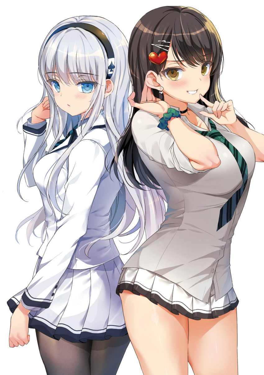 2girls arm_up bangs black_hair black_legwear blue_eyes blunt_bangs breasts closed_mouth commentary_request emily_(pure_dream) eyebrows_visible_through_hair green_necktie grin hair_ornament hairband hairclip hand_in_hair heart heart_hair_ornament highres large_breasts long_hair long_sleeves looking_at_viewer multiple_girls necktie original pantyhose pleated_skirt sailor_collar school_uniform scrunchie serafuku shirt silver_hair simple_background skirt sleeves_rolled_up smile standing striped_necktie teeth white_background white_sailor_collar white_shirt white_skirt wrist_scrunchie yellow_eyes