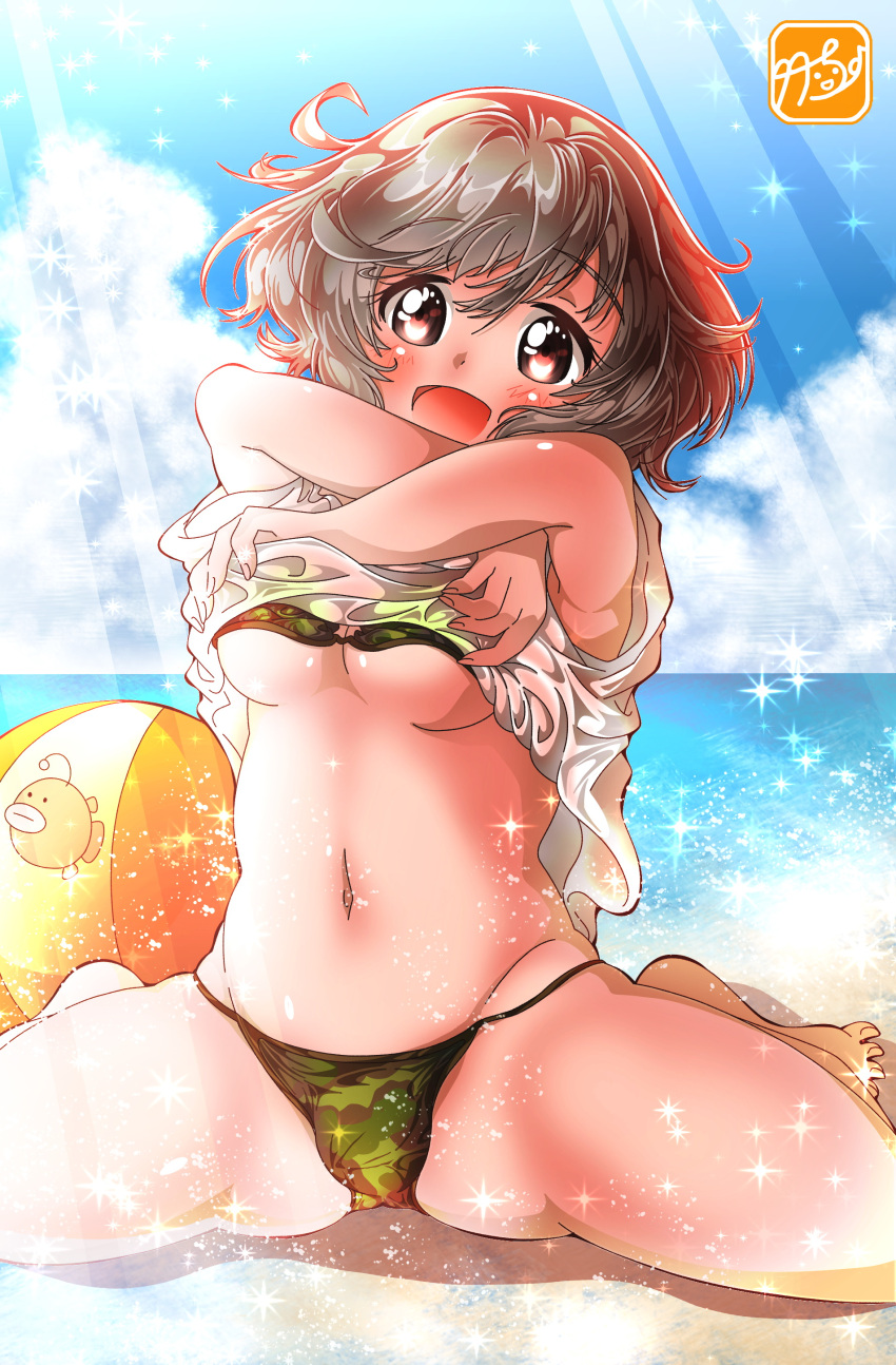1girl absurdres akiyama_yukari anglerfish artist_logo ball bangs barefoot beach beachball bikini blue_sky breasts camouflage camouflage_bikini clothes_lift cloud cloudy_sky commentary_request commission day emblem eyebrows_visible_through_hair girls_und_panzer green_bikini groin highres horizon lifted_by_self looking_at_viewer medium_breasts messy_hair navel ocean open_mouth outdoors partial_commentary pixiv_request shirt shirt_lift short_hair short_sleeves sitting sky smile solo sparkle spread_legs string_bikini swimsuit t-shirt takecho underboob undressing wariza white_shirt