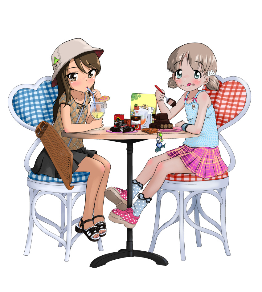 2girls :q aki_(girls_und_panzer) alternate_headwear bangs black_footwear black_skirt blue_camisole blue_legwear brown_eyes brown_hair brown_shirt camisole carrying cellphone cigarette_pack cup drinking drinking_straw eating eyebrows_visible_through_hair food food_on_face fork girls_und_panzer green_eyes grey_headwear hair_tie hat highres holding holding_fork ichigo_mashimaro instrument kantele light_brown_hair long_hair looking_at_viewer low_twintails mika_(girls_und_panzer) miniskirt model_tank multiple_girls on_chair parody phone pink_footwear pink_skirt plaid plaid_skirt pleated_skirt polka_dot polka_dot_footwear polka_dot_legwear sandals shirt short_hair short_sleeves short_twintails simple_background sitting skirt socks table tongue tongue_out twintails white_background wristband yamucya01 younger