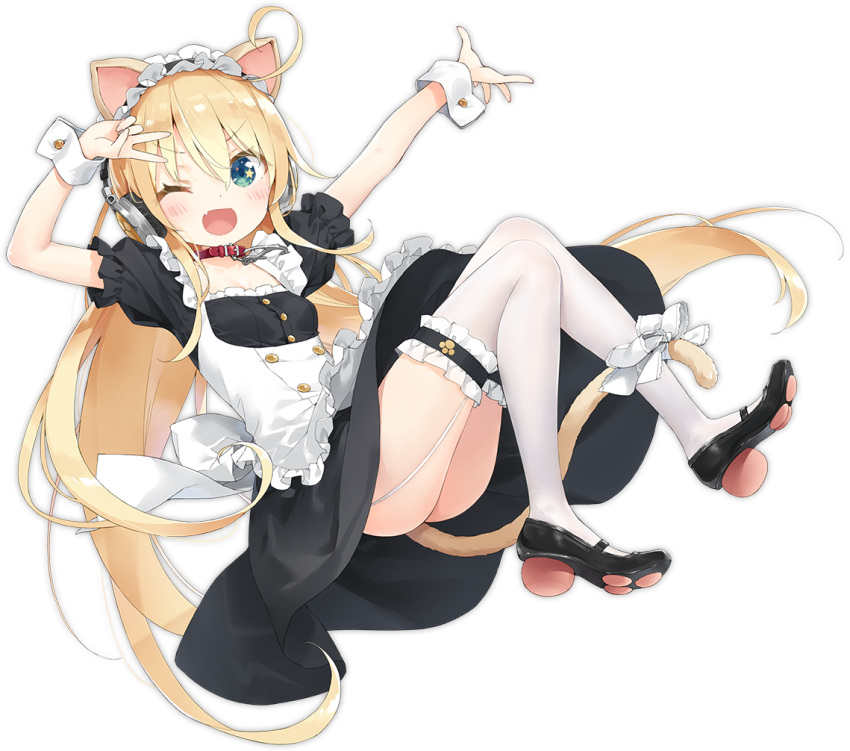 1girl ahoge albacore_(a_catty_surprise!)_(azur_lane) albacore_(azur_lane) animal_ears arms_up azur_lane bangs between_legs black_dress black_footwear black_hairband blonde_hair blue_eyes blush bow breasts cat_ears cat_girl cat_tail chestnut_mouth closed_eyes collar dress eyebrows_visible_through_hair frilled_hairband frilled_legwear frills full_body garter_straps hair_between_eyes hairband headwear_removed kani_biimu long_hair official_alternate_costume official_art one_eye_closed puffy_short_sleeves puffy_sleeves red_collar shoes short_sleeves small_breasts smile tail tail_between_legs tail_bow tail_ornament thighhighs transparent_background very_long_hair white_bow white_headwear white_legwear wrist_cuffs