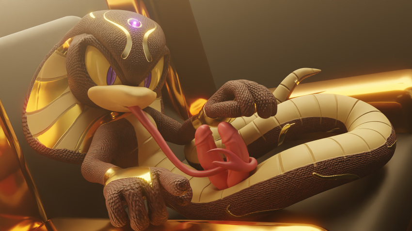 2021 2_penises 3d_(artwork) absurd_res anthro apode autofellatio autotonguejob belac_the_king_cobra blender_(software) cobra digital_media_(artwork) draconcopode elapid_(snake) erection fan_character genitals gold_scales hi_res jewelry king_cobra legless licking long_tongue looking_at_viewer male masturbation multi_genitalia multi_penis nude oral oral_masturbation penile penile_masturbation penis purple_eyes reptile scalie self_lick serpentine sex simple_background snake solo throne_room tongue tongue_out tonguejob windercorp