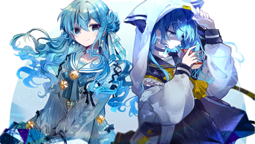 2girls adjusting_hood bangs blue_collar blue_dress blue_eyes blue_neckwear collar commentary cyawa dress drink dual_persona earrings eyebrows_visible_through_hair grey_sweater hair_between_eyes hair_ribbon holding holding_drink hololive hood hood_up hooded_jacket hoshimachi_suisei jacket jewelry juice_box long_hair long_sleeves looking_at_viewer looking_down multiple_girls neckerchief necktie ribbed_sweater ribbon sailor_collar short_sleeves side_bun simple_background star_(symbol) star_brooch star_in_eye sweater symbol_in_eye upper_body white_background white_jacket white_sailor_collar yellow_necktie