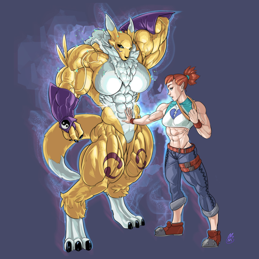 2021 anthro bandai_namco big_muscles bottomwear breasts clothing crop_top denim denim_clothing digimon digimon_(species) duo female growth hi_res huge_muscles human hyper hyper_muscles jeans mammal mivadoman muscle_growth muscular muscular_female pants renamon rika_nonaka shirt simple_background size_difference topwear transformation xylem