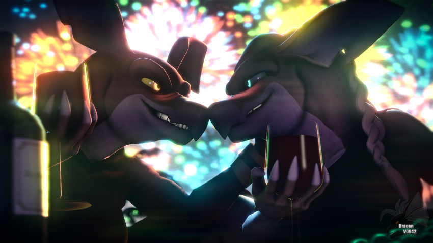 3d_(artwork) alien anthro bloom blue_eyes blush boop braided_hair breasts clothing container cup date digital_media_(artwork) don_bluth dragon-v0942 drinking_glass drunk duo female female/female fireworks fur glass glass_container glass_cup hair hand_on_cheek hi_res holding_wine_glass holidays looking_at_another looking_into_eyes mantrin new_year non-mammal_breasts nose_boop nose_to_nose orange_eyes outside scalie smile sophie_(sophiewolfheart) source_filmmaker stith substance_intoxication titan_a.e. wine_bottle wine_glass