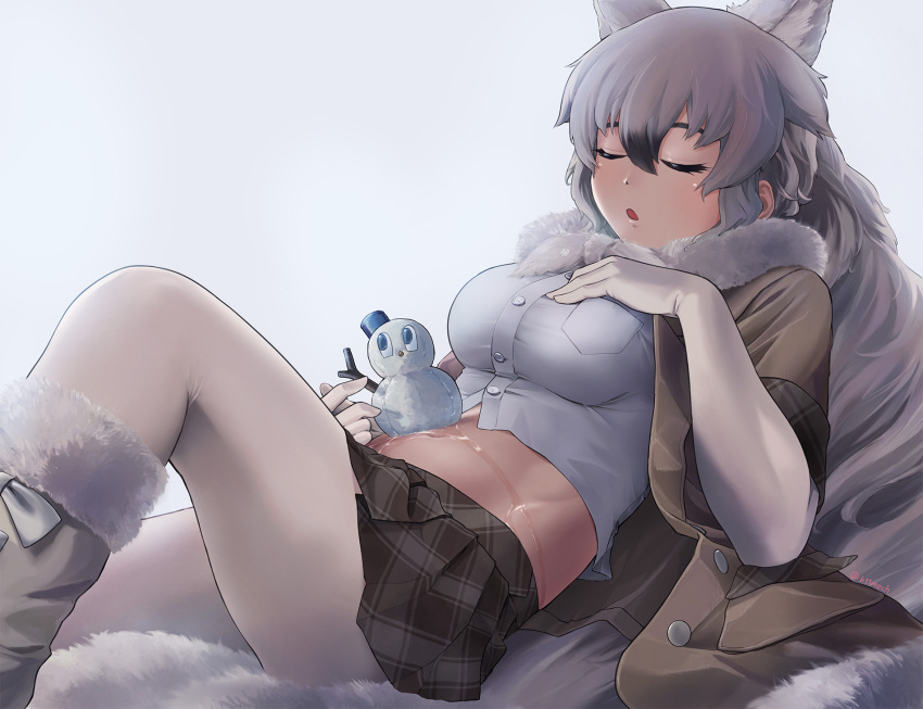 1girl animal_ear_fluff animal_ears arctic_wolf_(kemono_friends) beleven breast_pocket breasts closed_eyes elbow_gloves extra_ears fur_trim gloves hat highres jacket jacket_partially_removed kemono_friends long_hair medium_breasts melting midriff navel open_mouth pantyhose pocket simple_background skirt sleeping snow snowball snowman solo tail thighs water white_background white_gloves white_legwear winter wolf_ears wolf_girl wolf_tail