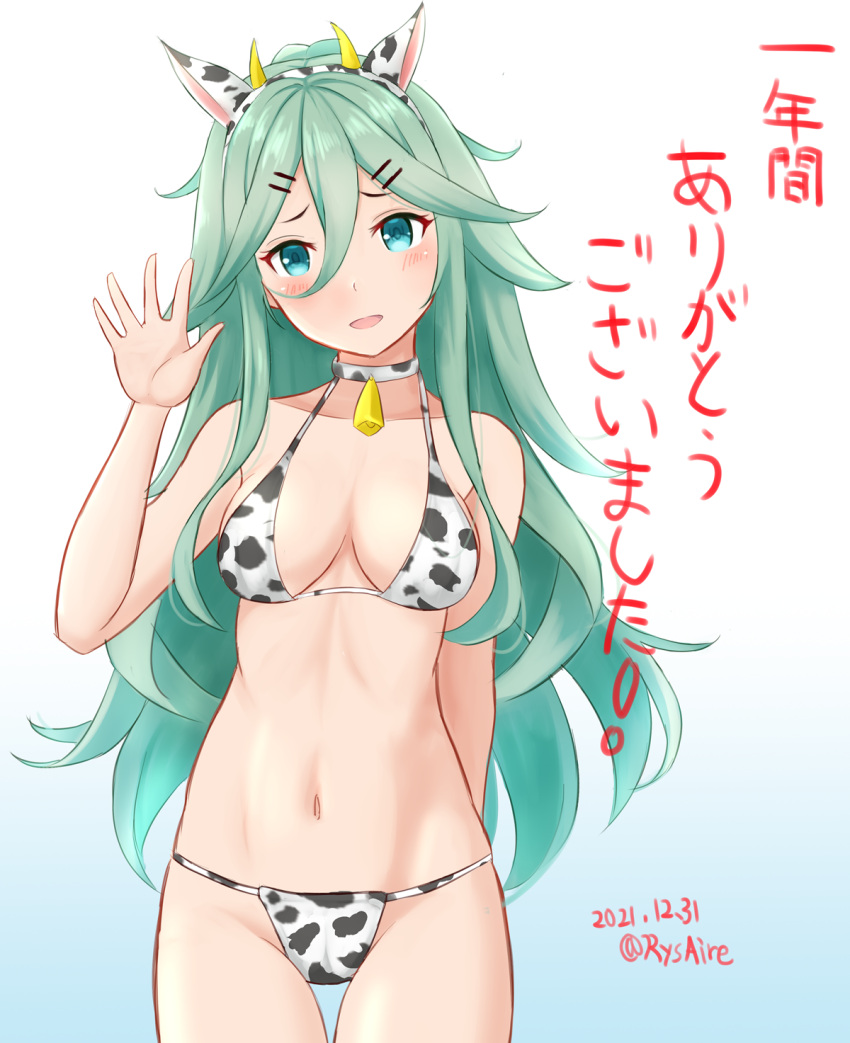 1girl ame-san animal_costume animal_ears animal_print bangs bikini blush breasts choker commentary_request cow_costume cow_ears cow_print fake_horns green_eyes green_hair hair_between_eyes hair_flaps hair_ornament hairclip highres horns kantai_collection long_hair looking_at_viewer open_mouth parted_bangs ponytail print_bikini sidelocks simple_background smile solo swimsuit yamakaze_(kancolle)