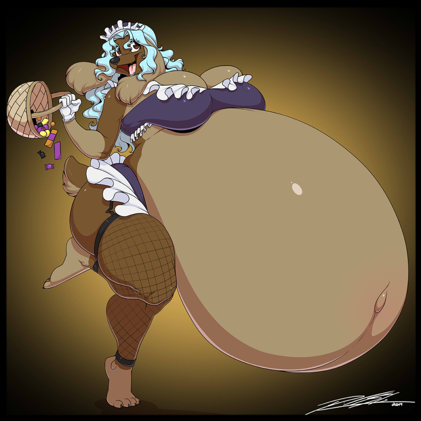 2019 accessory anthro basket belly big_belly big_breasts bird_dog black_border blue_hair border bottomwear breasts brown_body brown_eyes brown_fur candy canid canine canis cleavage clothed clothing cocker_spaniel container deonwolf dessert domestic_dog female fishnet fishnet_legwear floppy_ears fluffy fluffy_ears fluffy_tail food frilly fur garter_straps gloves gradient_background hair handwear headband hi_res huge_breasts hunting_dog hyper hyper_belly hyper_pregnancy legwear mammal navel paws pippi_piper pregnant raised_leg signature simple_background skirt smile solo spaniel teeth thick_thighs tongue topwear