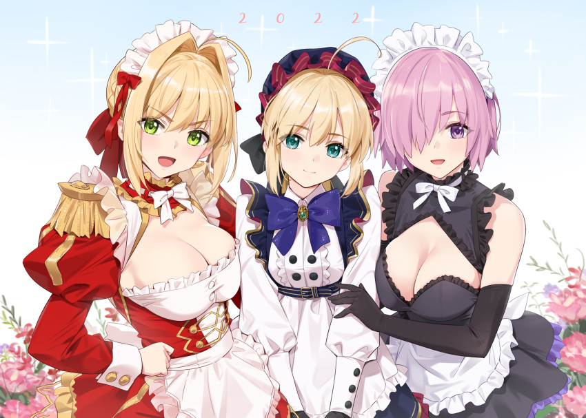 2022 3girls absurdres ahoge artoria_pendragon_(caster)_(fate) artoria_pendragon_(fate) bangs blonde_hair blush braid breasts fate/extra fate/grand_order fate_(series) french_braid green_eyes hair_bun hair_intakes hair_over_one_eye highres large_breasts light_purple_hair long_hair looking_at_viewer maid mash_kyrielight multiple_girls nero_claudius_(fate) nero_claudius_(fate/extra) purple_eyes short_hair small_breasts twintails yd_(orange_maru)