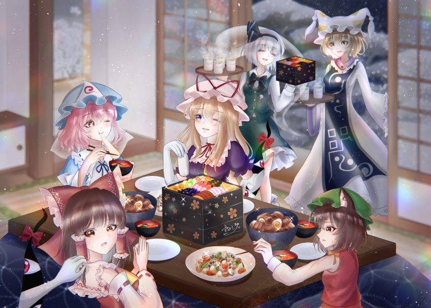 6+girls absurdres animal_ears bangs bento blonde_hair blue_headwear blush bob_cut bowl brown_hair cat_ears cat_tail chen choker chopsticks closed_mouth commentary_request detached_sleeves dress eating elbow_gloves fox_ears gap_(touhou) gloves hakurei_reimu hat highres hitodama holding holding_chopsticks indoors konpaku_youmu konpaku_youmu_(ghost) kotatsu long_hair long_sleeves looking_at_another mob_cap multiple_girls new_year night nontraditional_miko ofuda one_eye_closed open_mouth pilllow_hat pink_eyes pink_hair plate purple_dress red_choker ribbon-trimmed_sleeves ribbon_choker ribbon_trim saigyouji_yuyuko shiratama_2787 short_hair shouji silver_hair sitting sliding_doors snowing standing sweatdrop tabard table tail tassel touhou triangular_headpiece trolling veil white_gloves white_headwear wide_sleeves yakumo_ran yakumo_yukari