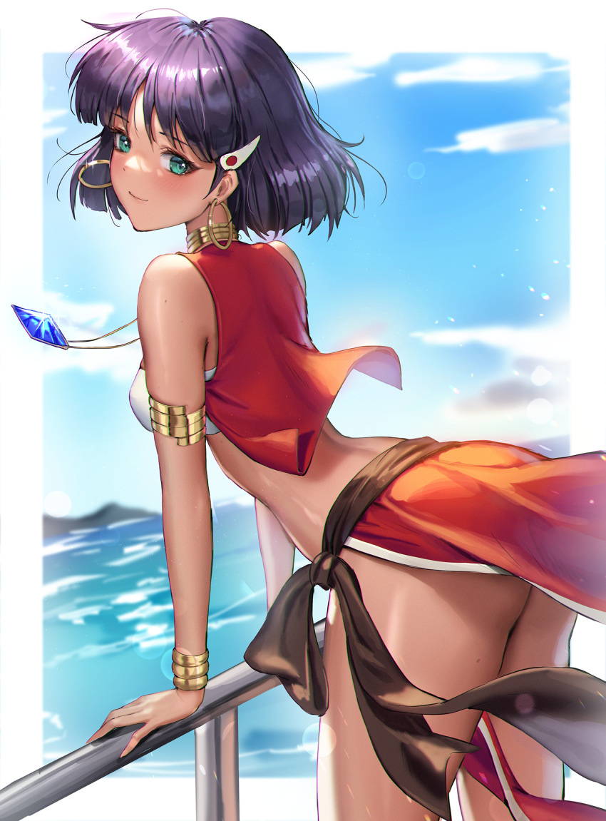 1girl aqua_eyes armlet bangs bare_shoulders blue_sky blush bracelet breasts closed_mouth cloud cloudy_sky commentary_request cropped_jacket dark_skin day earrings fushigi_no_umi_no_nadia hair_ornament highres hoop_earrings jacket jademoon jewelry lips looking_at_viewer medium_breasts midriff nadia_la_arwall neck_ring necklace open_clothes open_jacket outdoors purple_hair shiny shiny_hair shiny_skin short_hair simple_background sky sleeveless smile thighs water