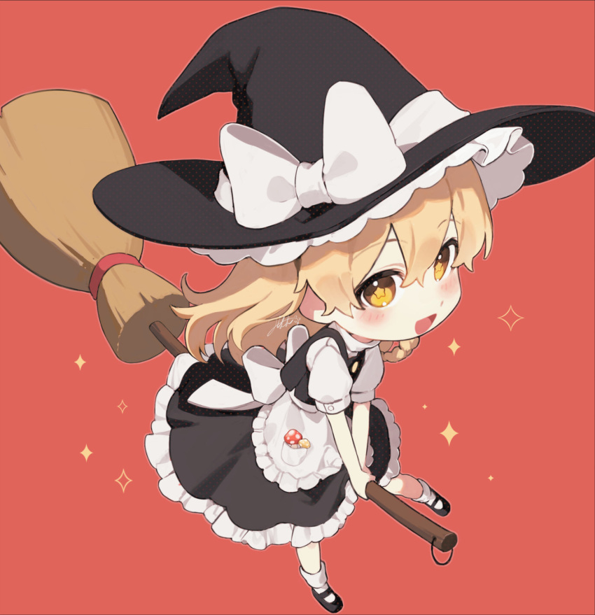 +_+ 1girl apron artist_name back_bow bangs black_dress black_footwear black_headwear blonde_hair blush bow braid broom broom_riding buttons chibi dress eyebrows_visible_through_hair flying food frills hair_between_eyes hair_bow hat hat_bow highres jill_07km kirisame_marisa long_hair looking_at_viewer mushroom open_mouth puffy_short_sleeves puffy_sleeves red_background shirt shoes short_sleeves simple_background single_braid sitting smile socks solo star_(symbol) touhou white_apron white_bow white_legwear white_shirt white_sleeves witch_hat yellow_eyes