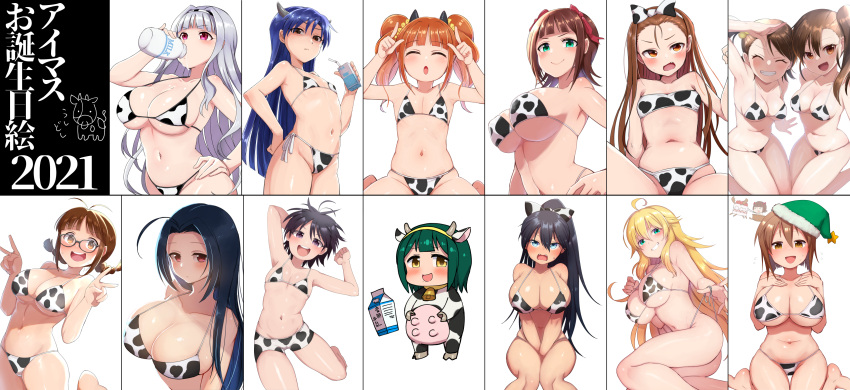 2021 6+girls :d :o @_@ ^_^ absurdres ahoge akizuki_ritsuko amami_haruka animal_print antenna_hair arm_behind_head armpits bangs bikini black-framed_eyewear black_hair black_horns blonde_hair blue_eyes blue_hair blunt_bangs blush bottle braid breasts brown_eyes brown_hair christmas clenched_hand clenched_teeth closed_eyes closed_mouth collarbone commentary_request cow_horns cow_print dated double_v drinking eyebrows_visible_through_hair eyes_visible_through_hair fang fangs flat_chest frown futami_ami futami_mami ganaha_hibiki glasses green_eyes green_headwear hagiwara_yukiho hair_between_eyes hair_ribbon hairband hand_on_hip happy_birthday hat highres holding holding_bottle horns hoshii_miki idolmaster idolmaster_(classic) kikuchi_makoto kisaragi_chihaya kneeling konboi-eg large_breasts legs long_hair looking_at_viewer medium_breasts milk milk_bottle minase_iori miura_azusa multiple_girls navel open_mouth orange_eyes ponytail print_bikini print_hairband purple_eyes red_eyes red_ribbon ribbon round_teeth santa_hat shijou_takane short_hair siblings side-tie_bikini side_ponytail silver_hair simple_background sisters sitting small_breasts smile standing standing_on_one_leg sweatdrop swimsuit takatsuki_yayoi teeth thighs twin_braids twins twintails upper_body upper_teeth v white_background white_bikini white_hairband yellow_eyes