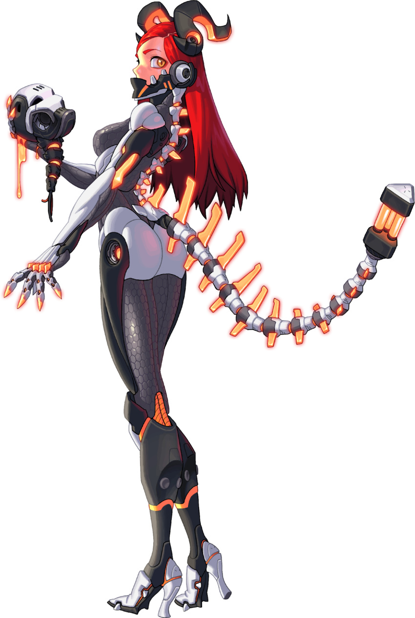 1girl arched_back ass bangs bodysuit bongchoonsik breasts covered_mouth cyborg eyeshadow from_side full_body glowing_horns glowing_tail grey_bodysuit hand_up high_heels highres holding holding_head horns long_hair looking_at_viewer looking_to_the_side makeup mechanical_tail medium_breasts nose original parted_bangs parted_hair red_hair second-party_source sideways_glance skin_tight solo standing tail transparent_background