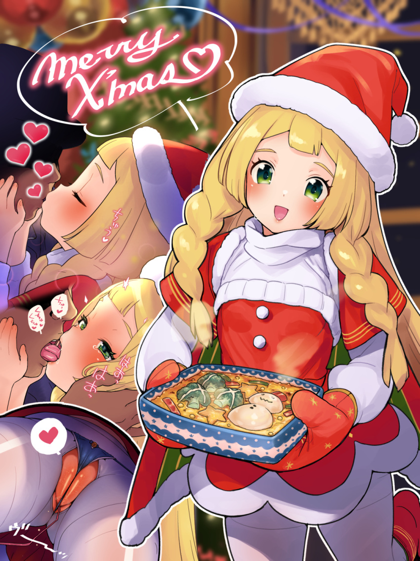 1boy 1girl alternate_costume bangs blonde_hair blunt_bangs blush braid faceless faceless_male food french_kiss green_eyes hat heart hetero highres holding holding_food kinocopro kiss layered_sleeves lillie_(pokemon) long_hair long_sleeves merry_christmas pantyhose pokemon pokemon_(game) pokemon_sm pussy red_mittens santa_costume santa_dress santa_hat sex_toy solo_focus spoken_heart twin_braids white_legwear