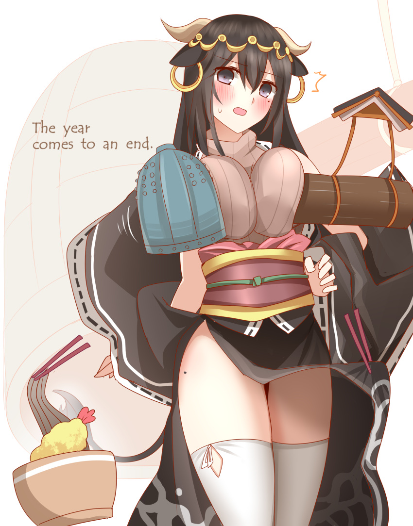 1girl ^^^ absurdres animal_ears bangs bell black_hair black_kimono black_sleeves blush bow breasts brown_sweater chinese_zodiac chopsticks cow_ears cow_girl cow_horns cow_tail detached_sleeves english_text eyebrows_visible_through_hair food hair_between_eyes hand_on_hip highres horns japanese_clothes kimono large_breasts long_hair long_sleeves looking_at_viewer mole mole_on_thigh non_(wednesday-classic) noodles obi open_mouth original personification purple_eyes ribbed_sweater ribbon-trimmed_sleeves ribbon_trim sash shrimp shrimp_tempura simple_background sleeveless sleeveless_turtleneck solo sweat sweater tail tempura thighhighs turtleneck turtleneck_sweater white_background white_legwear wide_sleeves year_of_the_ox