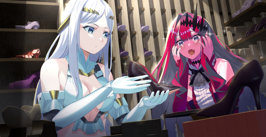 2girls absurdres bangs bare_shoulders beppu_mitsunaka bikini blue_eyes blush breasts center_frills cleavage detached_collar detached_sleeves dress earrings elbow_gloves fairy_knight_tristan_(fate) fang fate/grand_order fate_(series) frills galatea_(fate) gloves grey_eyes halter_top halterneck high_heels highres jewelry joints long_hair looking_to_the_side medium_breasts multiple_girls open_mouth pale_skin parted_bangs pink_hair pointy_ears red_dress robot_joints shelf sidelocks sparkle swimsuit tiara white_bikini white_gloves white_hair