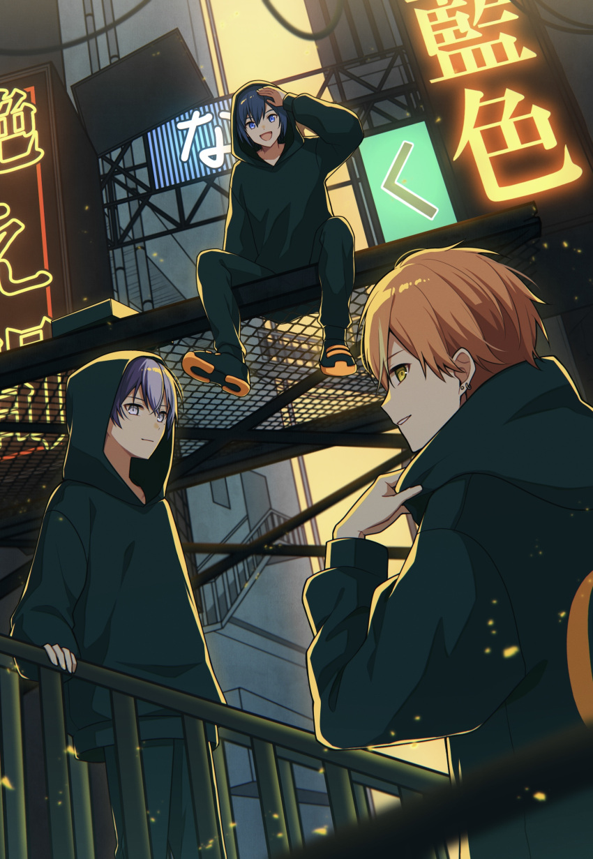 3boys absurdres aoyagi_touya blue_eyes blue_hair city grey_eyes grey_hair hand_on_railing highres hood hood_up hoodie kaito_(vocaloid) long_sleeves looking_at_viewer looking_back male_focus multicolored_hair multiple_boys neon_lights open_mouth orange_hair outdoors project_sekai railing shinonome_akito shoes short_hair sky smile sneakers split-color_hair sunset teneko02 vivid_bad_squad_(project_sekai) vivid_bad_squad_kaito yellow_eyes