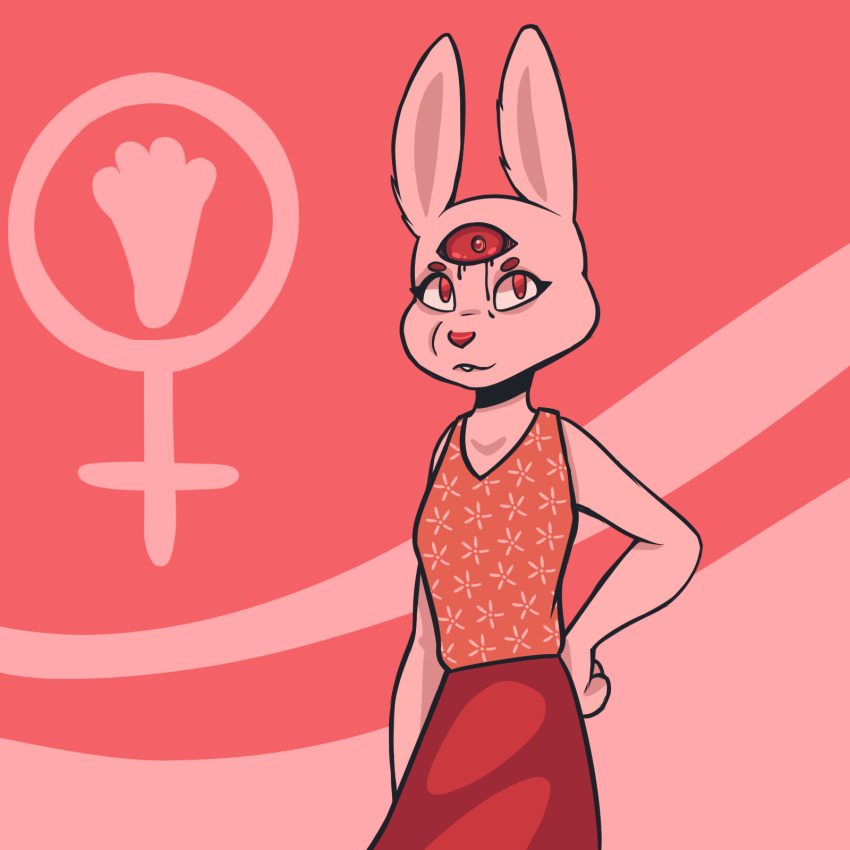 2019 3_eyes anthro blood bodily_fluids bottomwear breasts clothed clothing deer_(artist) digital_media_(artwork) eyebrows eyelashes female female_symbol fully_clothed fur gender_symbol hand_on_hip hi_res lagomorph leporid long_ears looking_at_viewer mammal medium_breasts multi_eye orange_clothing orange_shirt orange_tank_top orange_topwear pink_background portrait rabbit red_bottomwear red_clothing red_eyes red_sclera red_skirt ruby_(rq) ruby_quest shirt simple_background skirt snout solo standing symbol tank_top three-quarter_portrait three-quarter_view topwear white_body white_fur women's_day