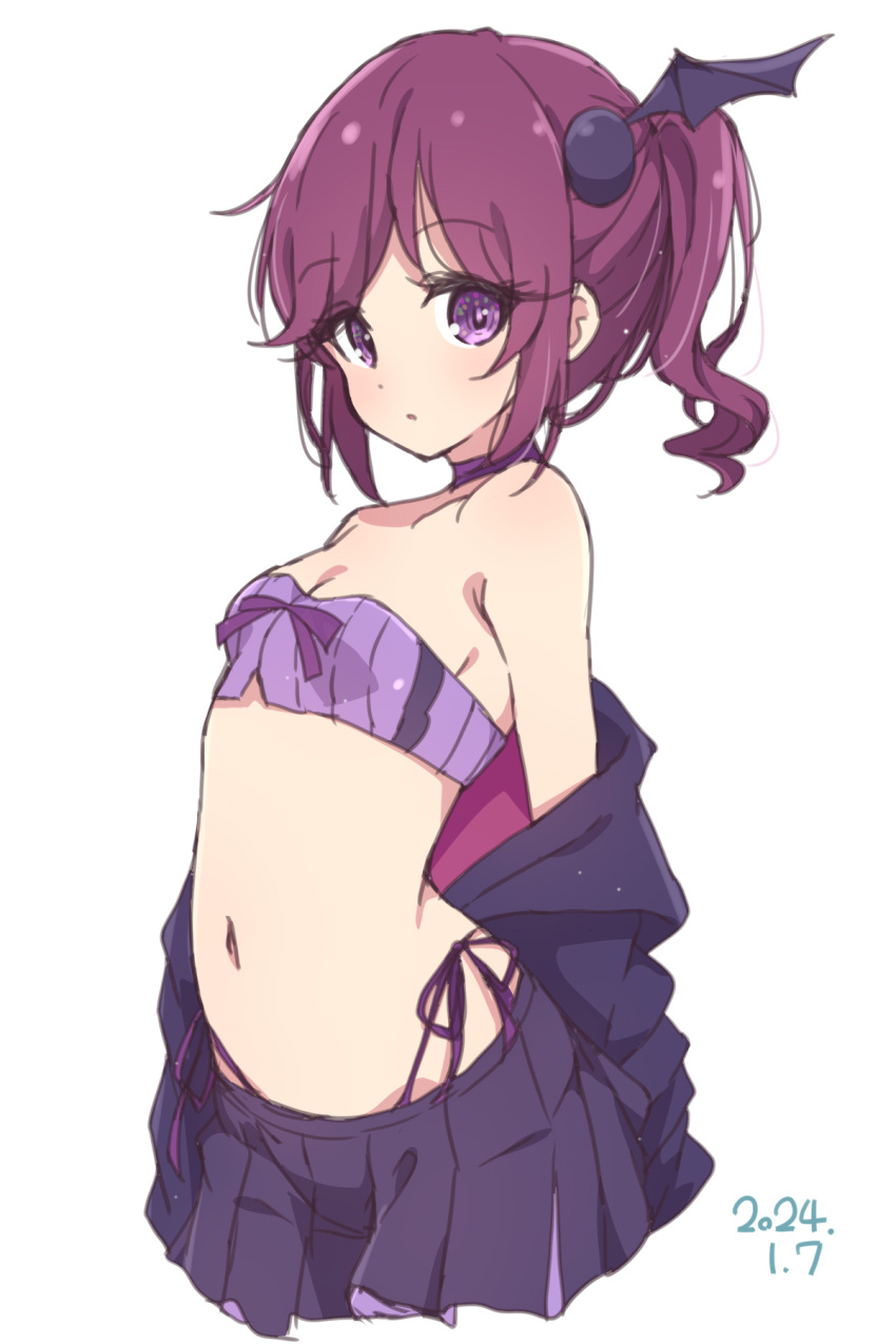 1girl alternate_color black_jacket black_skirt breasts chiyoda_momo chiyoda_momo_(cosplay) choker cleavage commentary_request cosplay dated highres jacket looking_at_viewer machikado_mazoku mel_(melty_pot) navel ponytail purple_choker purple_eyes purple_hair simple_background skirt small_breasts solo stomach white_background wing_hair_ornament yoshida_ryouko