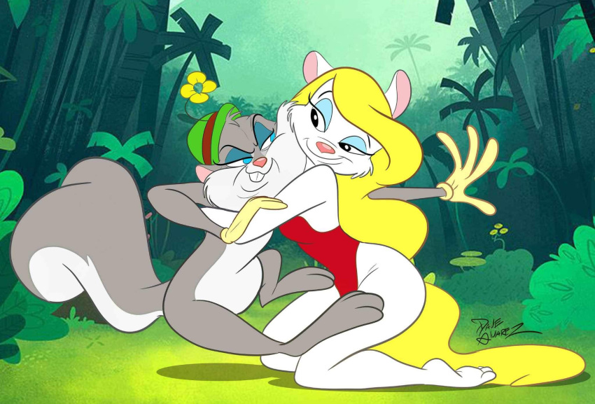 4_fingers affectionate animaniacs anthro barefoot biped blonde_hair clothing dave_alvarez digital_drawing_(artwork) digital_media_(artwork) disgruntled duo embrace eyelashes eyeshadow feet female fingers forest forest_background fur gloves grey_body grey_fur hair handwear hi_res hug makeup mammal minerva_mink mink mustelid musteline nature nature_background plant rodent sciurid slappy_squirrel struggling tagme tail toes tree tree_squirrel true_musteline warner_brothers white_body white_fur yellow_tail