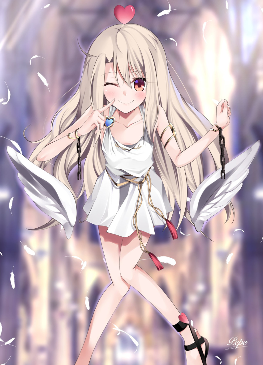 1girl armlet bare_shoulders blush bracelet breasts caren_hortensia caren_hortensia_(amor_caren) caren_hortensia_(amor_caren)_(cosplay) caren_hortensia_(amor_caren)_(first_ascension) chain collarbone cosplay dress fate/grand_order fate/kaleid_liner_prisma_illya fate_(series) heart highres illyasviel_von_einzbern index_finger_raised jewelry long_hair looking_at_viewer one_eye_closed pei_iriya red_eyes short_dress sidelocks small_breasts smile solo thighs white_dress white_hair