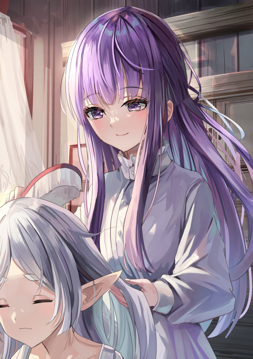 2girls adjusting_another's_hair blunt_bangs blurry brushing_hair closed_eyes collarbone comb commentary_request depth_of_field dress elf fern_(sousou_no_frieren) frieren highres holding holding_comb indoors long_hair long_sleeves looking_at_another multiple_girls pajamas parted_bangs pointy_ears purple_eyes purple_hair sidelocks sleepy smile sousou_no_frieren suidou_chaahan thick_eyebrows wavy_mouth white_dress white_hair white_pajamas