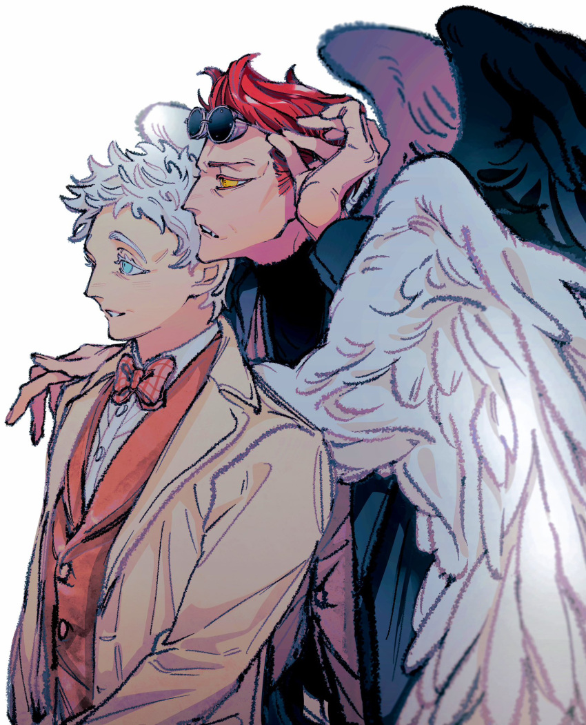 2boys angel aqua_eyes arm_up aziraphale_(good_omens) black_jacket black_wings bow bowtie buttons collared_shirt crowley_(good_omens) demon_boy dress_shirt feathered_wings fingernails goggles good_omens hand_on_another's_shoulder highres jacket lapels light_smile long_sleeves looking_afar looking_ahead male_focus messy_hair multiple_boys naotin3333 open_clothes open_jacket orange_vest parted_lips pink_bow pink_bowtie plaid plaid_bow plaid_bowtie red_hair shirt short_hair simple_background suit_jacket traditional_bowtie upper_body vest waistcoat white_background white_hair white_shirt white_wings wings yellow_eyes yellow_jacket