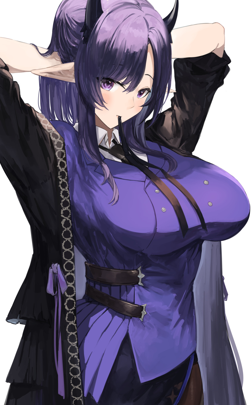 1girl absurdres arknights arms_up belt black_belt black_necktie blush breasts commentary_request hibiscus_(arknights) hibiscus_the_purifier_(arknights) highres horns kajuu large_breasts long_hair looking_at_viewer mouth_hold necktie pointy_ears purple_eyes purple_hair purple_ribbon ribbon solo